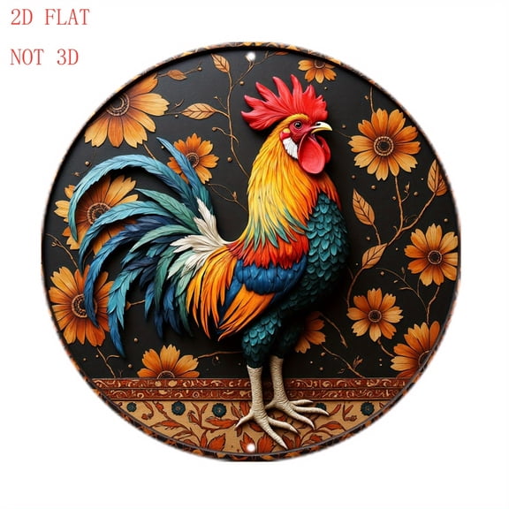 HELLOYOUNG Rustic Rooster Metal Wall Decor 8 Inch Vintage Farmhouse Round Sign with Sunflower, Heavy Duty Aluminum Indoor Outdoor Wall Art