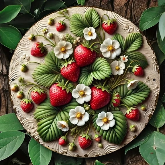 HELLOYOUNG Rustic Strawberry Wall Art Handmade 2D Fruit Sign for Farmhouse Home Bar Cafe Decor 20x20cm