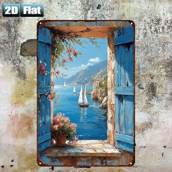 HELLOYOUNG Rustic Tin Window Frame 8x12 Inch Lake View Wall Art Decor for Living Room Restaurant Bar Door Garage Retro Metal Sign
