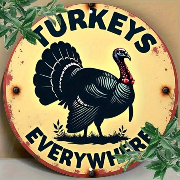 HELLOYOUNG Rustic Turkey Sign Round Metal Wall Art 8x8 Inch Vintage Farmhouse Kitchen Decor for Thanksgiving