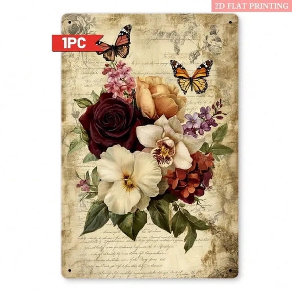 HELLOYOUNG Rustic Vintage Iron Wall Plaque 8x12 Inch, Antique Parchment Background Floral Peony Motif Red Burgundy Tones, Retro Classic Style for Home Shop Cafe Decorative Plaques and Signs