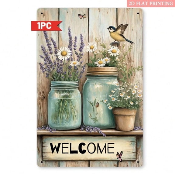 HELLOYOUNG Rustic Vintage Metal Wall Decor Mason Jar Floral Wreath for Living Room Aesthetic Farmhouse Sign Trending Home Art