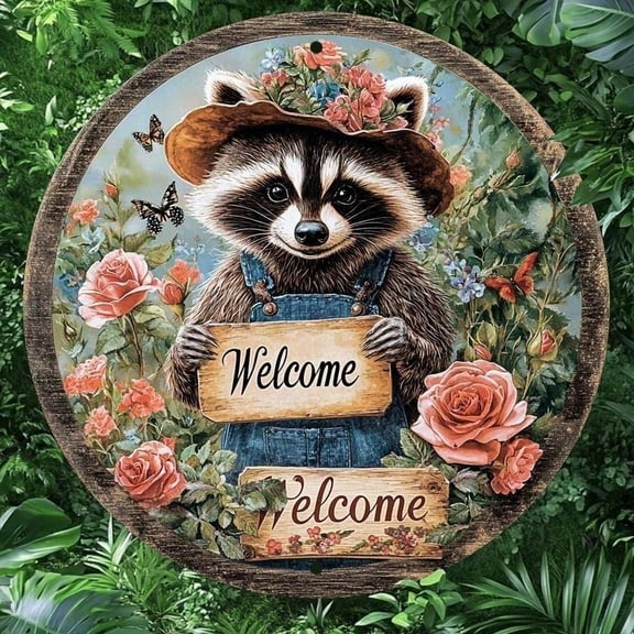 HELLOYOUNG Rustic Welcome Sign Vintage Metal Wall Art 8x8 Inch, Raccoon Floral Round Aluminum Sign for Home Kitchen Office Decor, Farmhouse Outdoor Indoor Hanging Decor