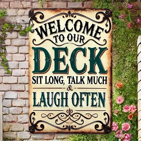 HELLOYOUNG Rustic Welcome To Our Deck Aluminum Wall Art Sign, Farmhouse Outdoor Metal Decor for Porch Patio Garden, 7.87" X 11.81"