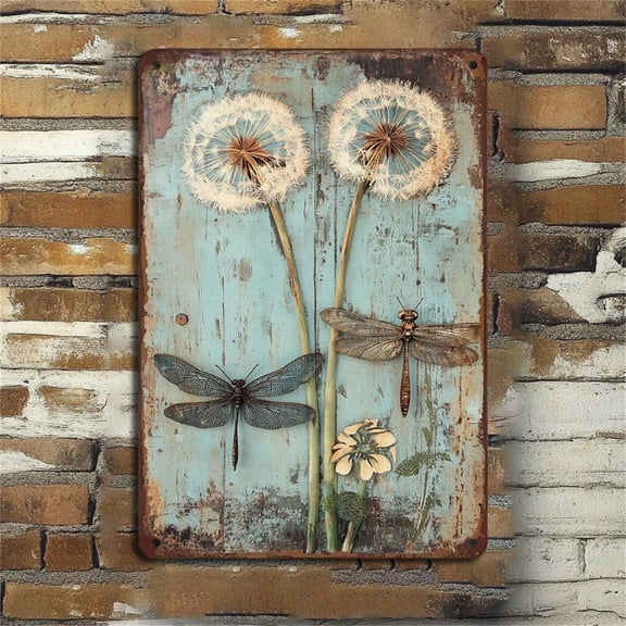 HELLOYOUNG Rustic Wooden Dandelion Dragonfly Wall Art, 8x12 Inches Antique Metal Decorative Sign with 3D Insects, Farmhouse Style for Kitchen Cafe Decor