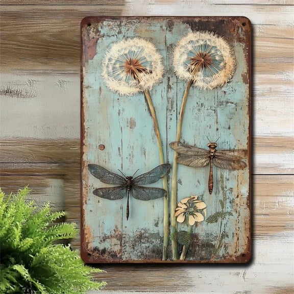HELLOYOUNG Rustic Wooden Dragonfly and Dandelion Wall Art 8x12 Inches Antique Metal 2D Insects Decor for Kitchens Cafes in Farmhouse Style for decoration