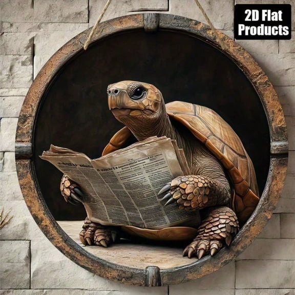 HELLOYOUNG Rustic Wooden Wall Art, 2D Flat Round Tortoise Plaque with Turtle Reading Newspaper, Cozy Home Decor for Holiday, Unique Farmhouse Decor for Living Room