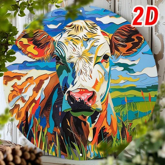 HELLOYOUNG Rustproof Aluminum Cow Wall Art 8 Inch Round 2D Flat Farmhouse Decor UV Coating Brown White Black Cow Face Pasture