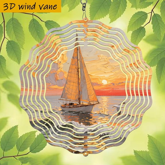 HELLOYOUNG Sailboat Wind Vane 3D Sunset Ocean Scene Wind Spinner, 360 Rotating Metal Art for Outdoor Garden Patio Nautical Decor Easy Install Coastal Gift