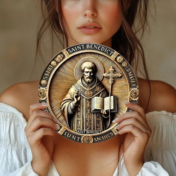 HELLOYOUNG Saint Benedict 8x8 Inch Metal Wall Plaque, Gold Embossed 2D Sign, Rustproof & Waterproof Indoor Outdoor Decor for Home Kitchen Office, Religious Birthday Graduation Gift