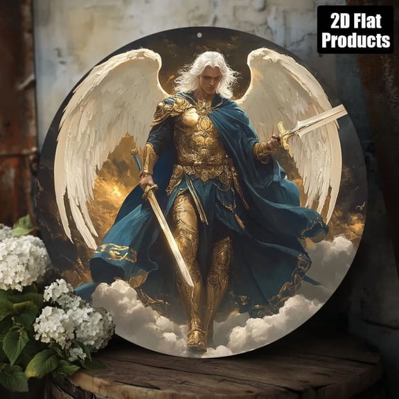 HELLOYOUNG Saint Michael Metal Wall Art 8x8 Inch, Retro Aluminum Sword Decor for Home Office Religious Gift