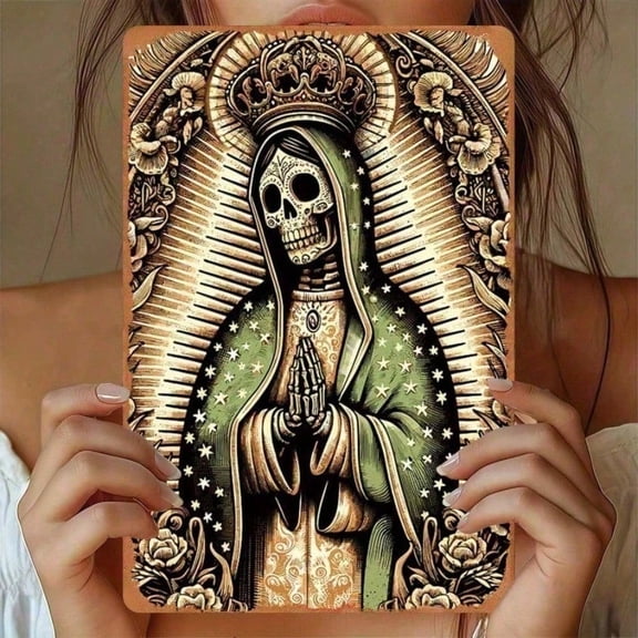 HELLOYOUNG Santa Muerte Metal Wall Art 8x12 Inch, Vintage Gothic Iron Tin Sign Decor for Home, Office, Bar, Man Cave, Gothic Gift