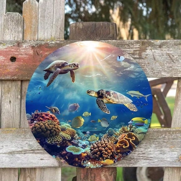 HELLOYOUNG Sea Turtle Underwater Wall Art - Tropical Ocean Themed Aluminum Metal Sign for Home Club Bar Decor, Rustproof 12x16 Inch