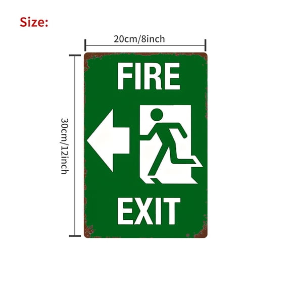 HELLOYOUNG Self-Adhesive Fire Exit Sign 8x12 Inch, Metal Tin Emergency Evacuation Sign with Arrow for Wall Safety Decor and Home Industrial Warning Sign