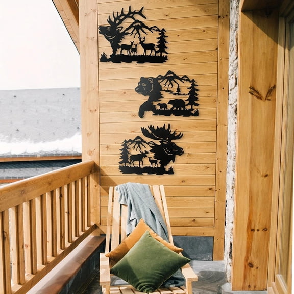 HELLOYOUNG Set of 3 Large Black Rustic Metal Wall Art Decor, 14 Inch Deer Bear Moose Cabin Hunting Decor with Hanging Hook, Gift for Home Lodge