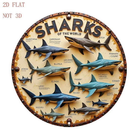 HELLOYOUNG Shark Metal Wall Art 2D Round Aluminum Home Decor for Living Room Garden Cafe Wall Decor