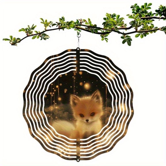 HELLOYOUNG Shimmering 2D Fox Wind Chime 10-Inch Dual-Sided Metal Circular Hanging Decor for Seasonal Holidays Outdoor Garden Gift