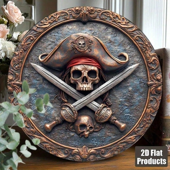 HELLOYOUNG Skull Metal Wall Decor 8x8 Inch, Skeleton Pirate Plaque Aluminum Sign for Home Bar Man Cave, Unique Gift for Men