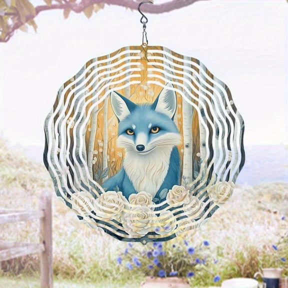 HELLOYOUNG Snow Forest Blue Fox Wind Chime Mandala Metal Hanging Ornament for Garden Patio Outdoor Decoration, No Battery Needed