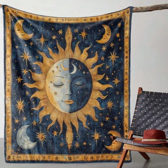 HELLOYOUNG Soft Plush Flannel Throw Blanket, Sun Moon Stars Print, Warm Comfortable for Couch Bed Travel, All-Season Gift