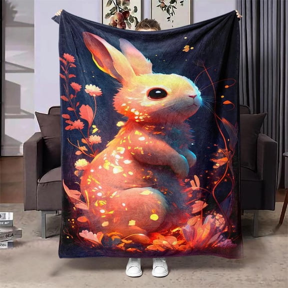 HELLOYOUNG Soft Plush Rabbit Pattern Throw Blanket Lightweight Cozy Warm All-Season Blanket for Couch Bed Travel Camping
