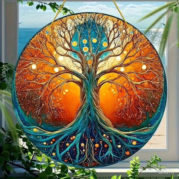 HELLOYOUNG Solar Catcher Wall Art Sunlight Activated Tree of Life Acrylic Plaque Gold Orange Blue Turquoise Vintage Round Acrylic Suncatcher Home Decor
