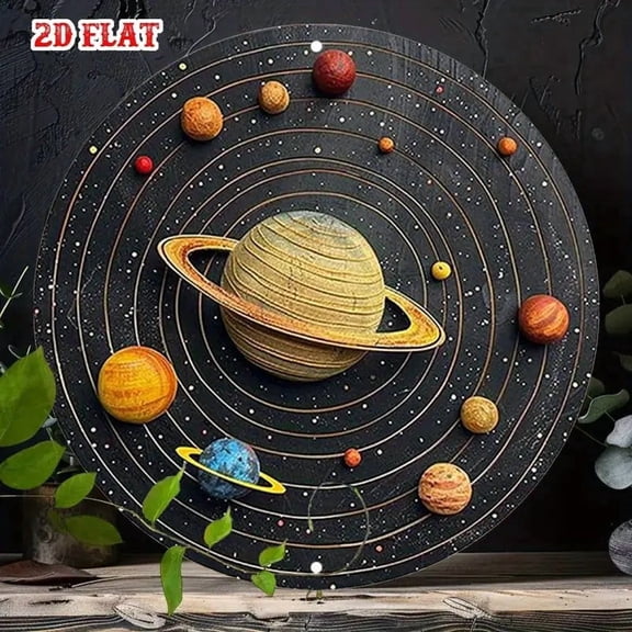 HELLOYOUNG Solar System Metal Wall Art 8x8 Inch Round Iron Planet Ornament Retro Starry Sky Hanging Decor Pre-Drilled Educational Astronomy Gift for Kids Classroom