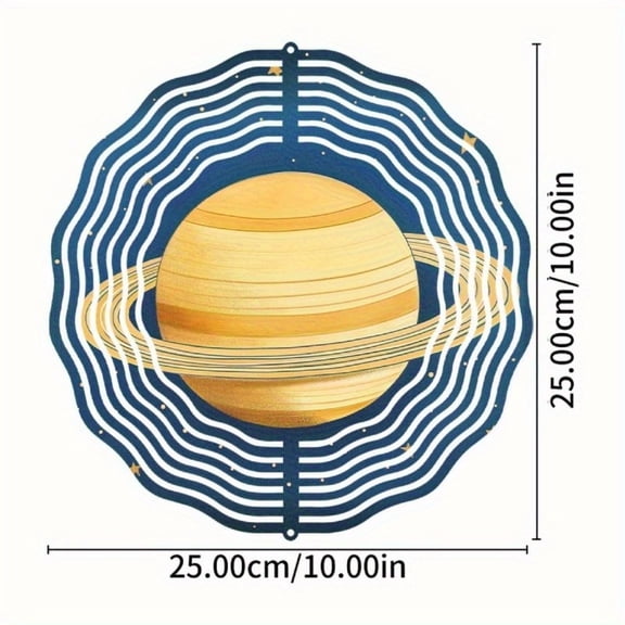 HELLOYOUNG Solar System Wind Spinner for Outdoor Garden, Golden Planet with Blue Rings Metal Art, No Electricity Needed, Soothing Wind Chime Included, All Season Decor