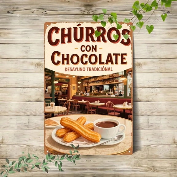 HELLOYOUNG Spanish Churros Metal Wall Sign, Vintage 2D Flat Aluminum Tin Decor, Retro Sweet Chocolate Art Print for Caf Kitchen Bar Restaurant Wall