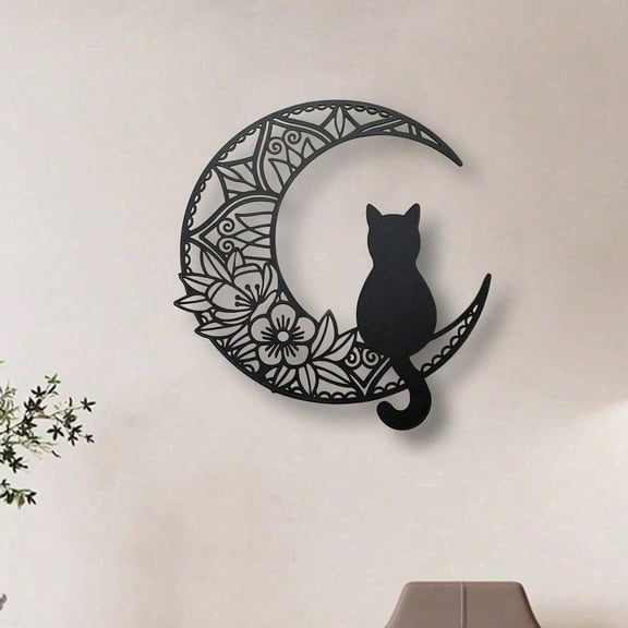 HELLOYOUNG Spooky Black Cat Metal Wall Art Halloween Decor Iron Moon Silhouette Sculpture for Indoor Outdoor Halloween Christmas Gift, Festival Home Decor Autumn Wall Hanging