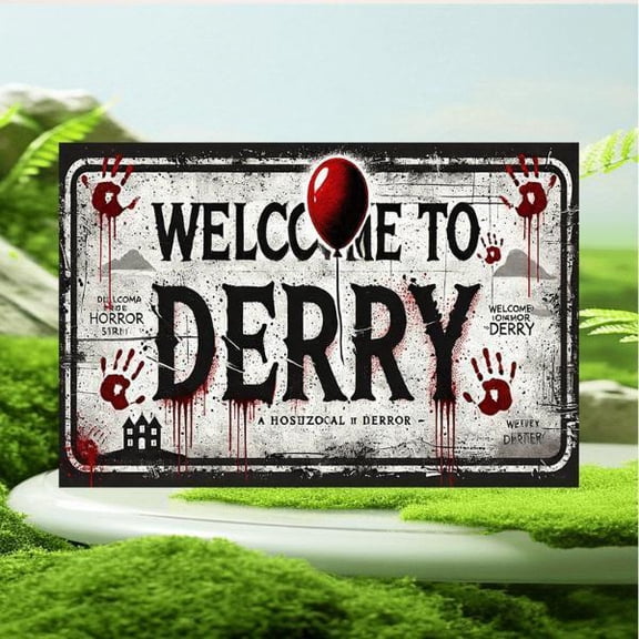 HELLOYOUNG Spooky Vintage Horror Metal Sign Welcome to Derry Rustic Wall Art with Blood Splatter Handprints and Creepy House Design for Home Bar Club Bedroom Man Cave Halloween Decor