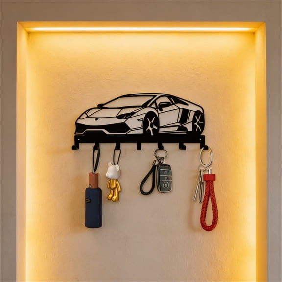 HELLOYOUNG Sports Car Shaped Metal Key Rack Wall Mounted 7 Sturdy Hooks, Entryway Organizer for Keys, Tidy & Easy Access, Ideal Key Holder Accessories Gift for Halloween Christmas New Year