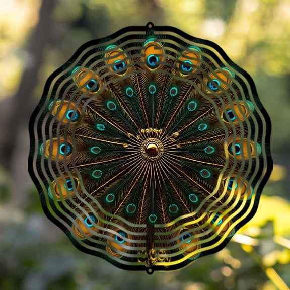 HELLOYOUNG Spring Mandala Wind Spinner 10 Inch Iron Sun Catcher 360 Rotating Vibrant Metal Peacock Feather Design for Outdoor Garden Decor Balcony Yard Patio