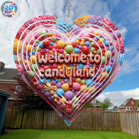 HELLOYOUNG Spring Mandala Wind Spinner for Garden, 8 Inch Metal Iron Sun Catcher, 360 Rotating Hook, Colorful Candy Heart Design with 'Welcome To Candyland', Outdoor Yard Decor for Birthday, Valenti
