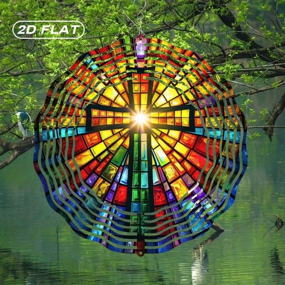 HELLOYOUNG Spring Mandala Wind Spinner Iron Sun Catcher, 10 Inch Bohemian Metal Stained Glass Cross Windmill, Flickering Outdoor Garden Decor for Patio Easter Thanksgiving G