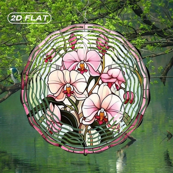 HELLOYOUNG Spring Mandala Wind Spinner Iron Sun Catcher 10 Inch Flat Bohemian Metal Wind Chimes, Pink White Open Orchids Green Leaves Red Decor, Stained Glass Style Garden Decor for Patio Outdoor