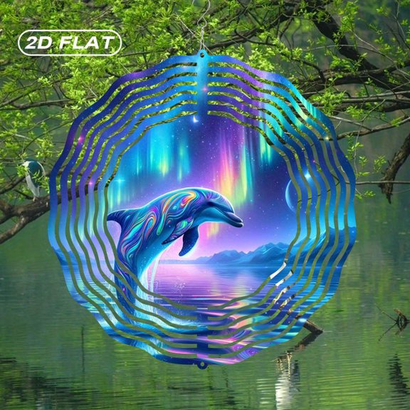 HELLOYOUNG Spring Mandala Wind Spinner Iron Sun Catcher 10 Inch Planar Metal Dolphin Kinetic Sculpture Aurora Effect Stained Glass Garden Decor Outdoor Indoor Gift