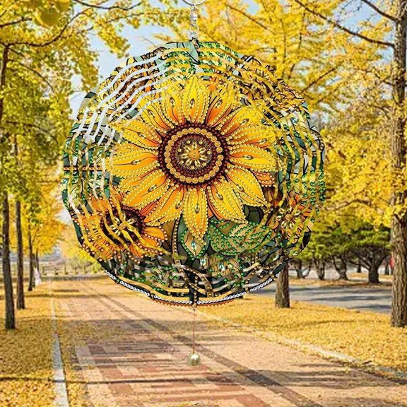 HELLOYOUNG Spring Mandala Wind Spinner Iron Sun Catcher 2D Flat Metal Stained Glass Outdoor Garden Decor 10in Wind Spinner with Bell Chimes for Patio Yard Decoration Easter Thanksgiving Gift