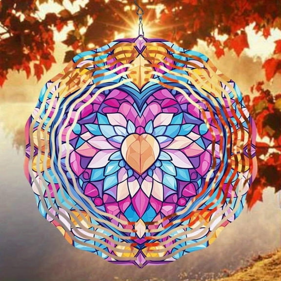 HELLOYOUNG Spring Mandala Wind Spinner Iron Sun Catcher Colorful Synthetic Gemstone Heart Metal Wind Chime Wind-Powered Rotating 2D Garden Art Outdoor Decor No Batteries Needed