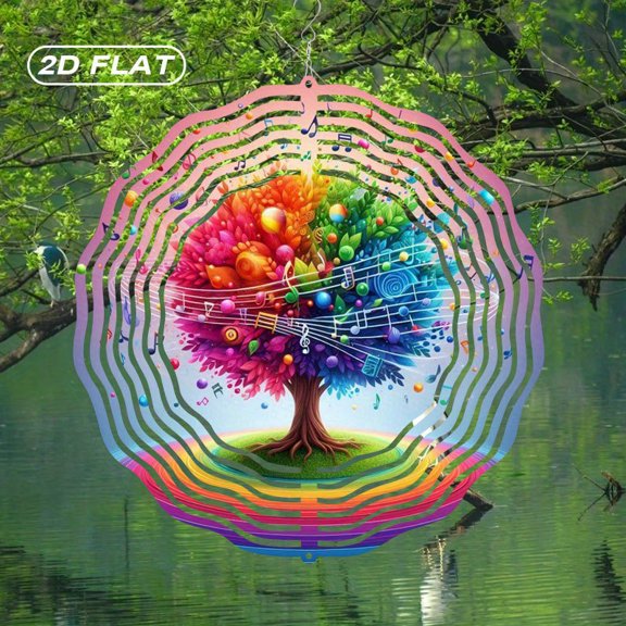 HELLOYOUNG Spring Mandala Wind Spinner Iron Sun Catcher Flat Bohemian Metal Rainbow Tree Wind Chime, 10 Inch Stained Glass with Music Notes, Indoor Outdoor Garden Decor for Easter Gift