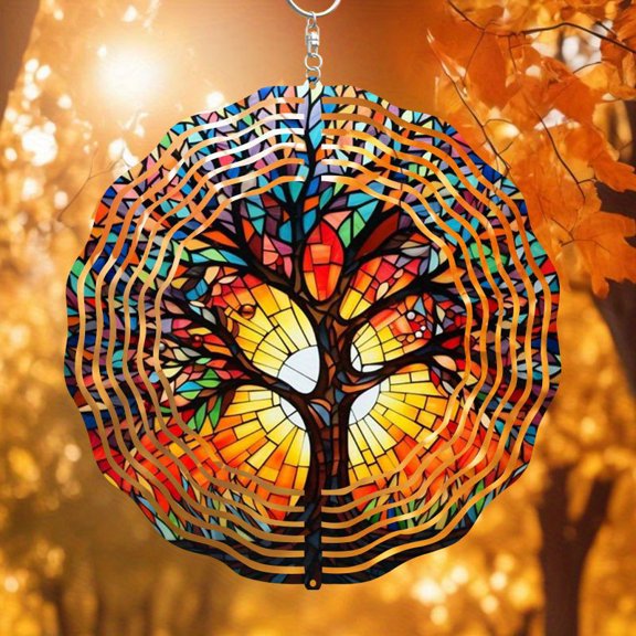 HELLOYOUNG Spring Mandala Wind Spinner Iron Sun Catcher Flat Tree of Life Windmill Suncatcher 10 Inch Stained Glass Wall Art for Outdoor Garden Decor, Christmas Halloween Housewarming Gift