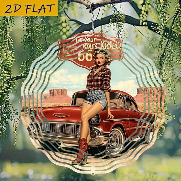 HELLOYOUNG Spring Mandala Wind Spinner Iron Sun Catcher Retro Route 66 Metal Spinner with Classic Car & Pin-Up Girl Americana Decor Hanging Ornament for Home Garden Patio No Electricity Needed Durabl