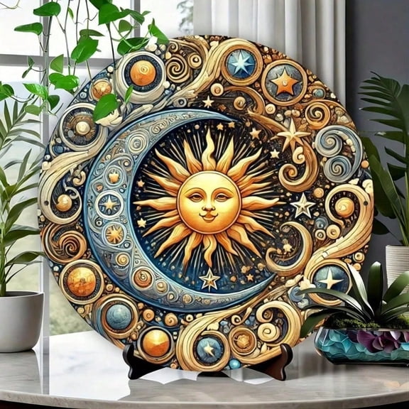 HELLOYOUNG Spring Sun & Moon Celestial Metal Wall Art 8x8 Round Metal Tin Sign for Home Office Bar Living Room Random Hole Positions Decorative Unique Gift