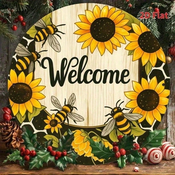 HELLOYOUNG Spring Welcome Sign 8x8 Inch, Vintage Tin Sunflower Bee Wreath Metal Wall Decor, Rustic Farmhouse Home Decor Outdoor Wall Art