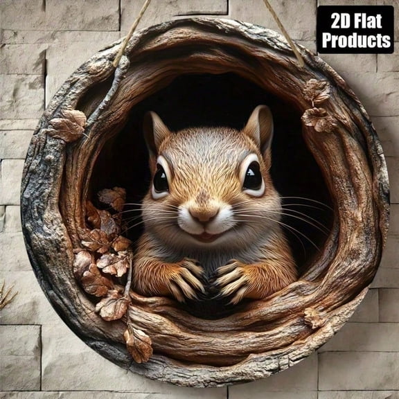 HELLOYOUNG Squirrel Wooden Wall Decor 8x8 Inch Round Rustic Handmade Painting 2D Art Sign for Home Kitchen Living Room Farmhouse Gift
