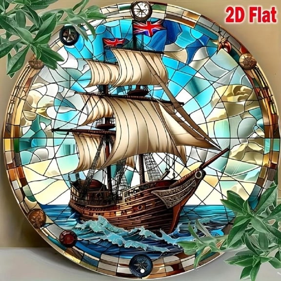 HELLOYOUNG Stained Glass Pirate Ship Suncatcher, Tropical Nautical Window Decor for Home, Unique Art Gift for Pirate Lovers