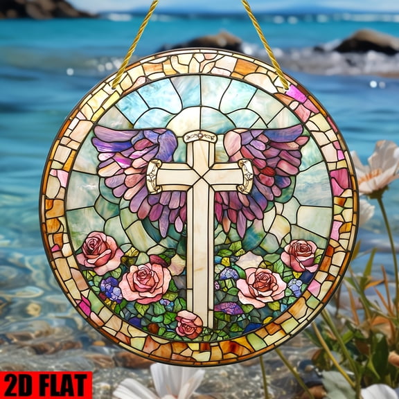 HELLOYOUNG Stained Glass Suncatchers for Windows, Large Acrylic Cross Sun Catcher 7.87 Inch, Rainbow Window Hanging Decor for Home Church Wedding Baptism Gifts for Women Men