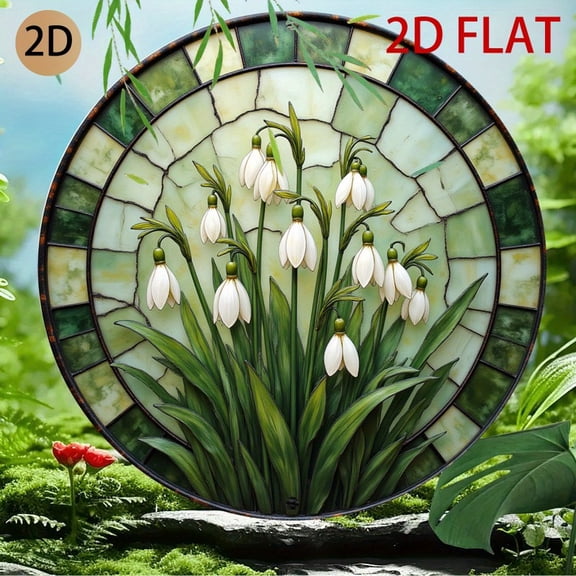 HELLOYOUNG Stained Glass Wall Art Metal Snowdrop Flower Circular Frameless Hook-and-Hang Rustic Home Decor Modern Garden Gift