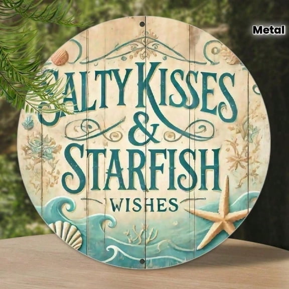 HELLOYOUNG Starfish Wall Art 8x8 Inch Round Aluminum Coastal Nautical Beach House Decor Sea Star Metal Tin Sign with Hanger for Indoor Outdoor