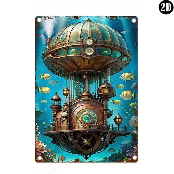 HELLOYOUNG Steampunk Airship Metal Wall Art Sign with Gears Frame, Retro Industrial Decor for Home Office Gaming Room Cave Bar Wall Decor